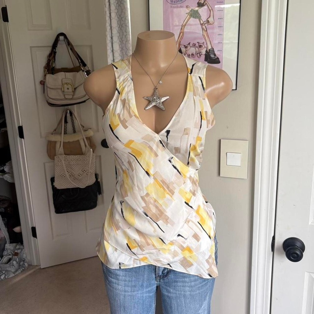 White House Black market silk pastel Yellow Abstract Print Wrap Tank